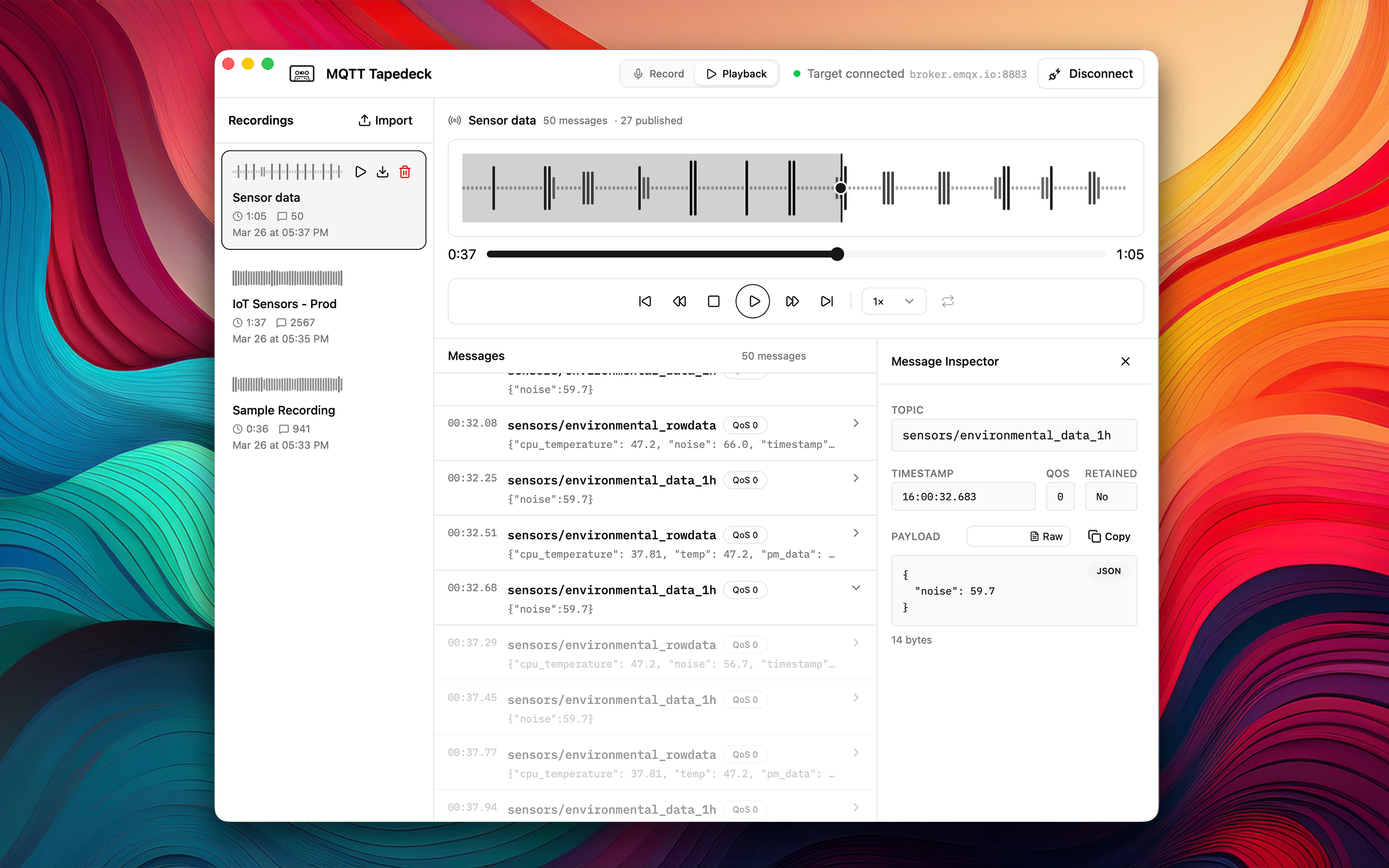 MQTT Tapedeck application interface showing message recording and playback